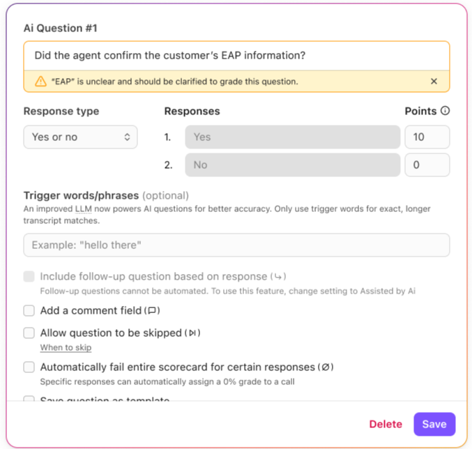 Question about agent confirming customer's EAP information with response options and notes.