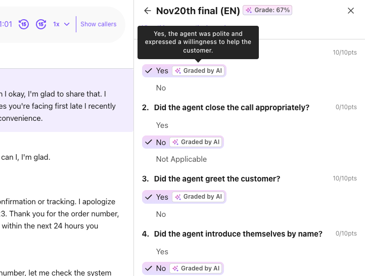 Customer service evaluation showing agent's performance and feedback on call handling.