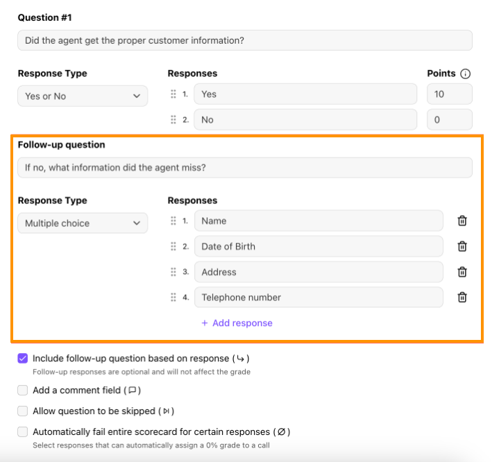 AI Question with follow up question, response type, and responses highlighted.