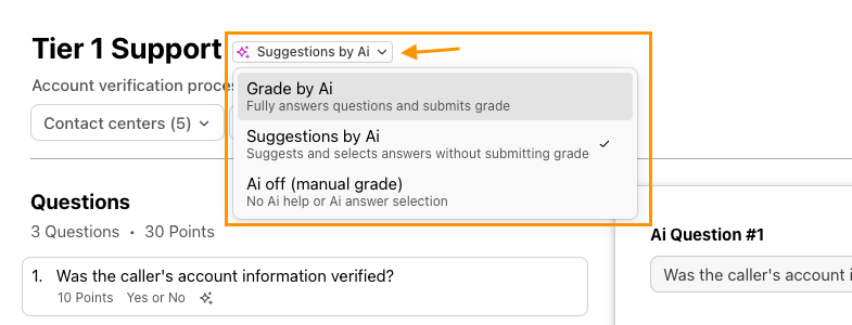 Scorecard grading options highlighted on the AI Scorecard page.