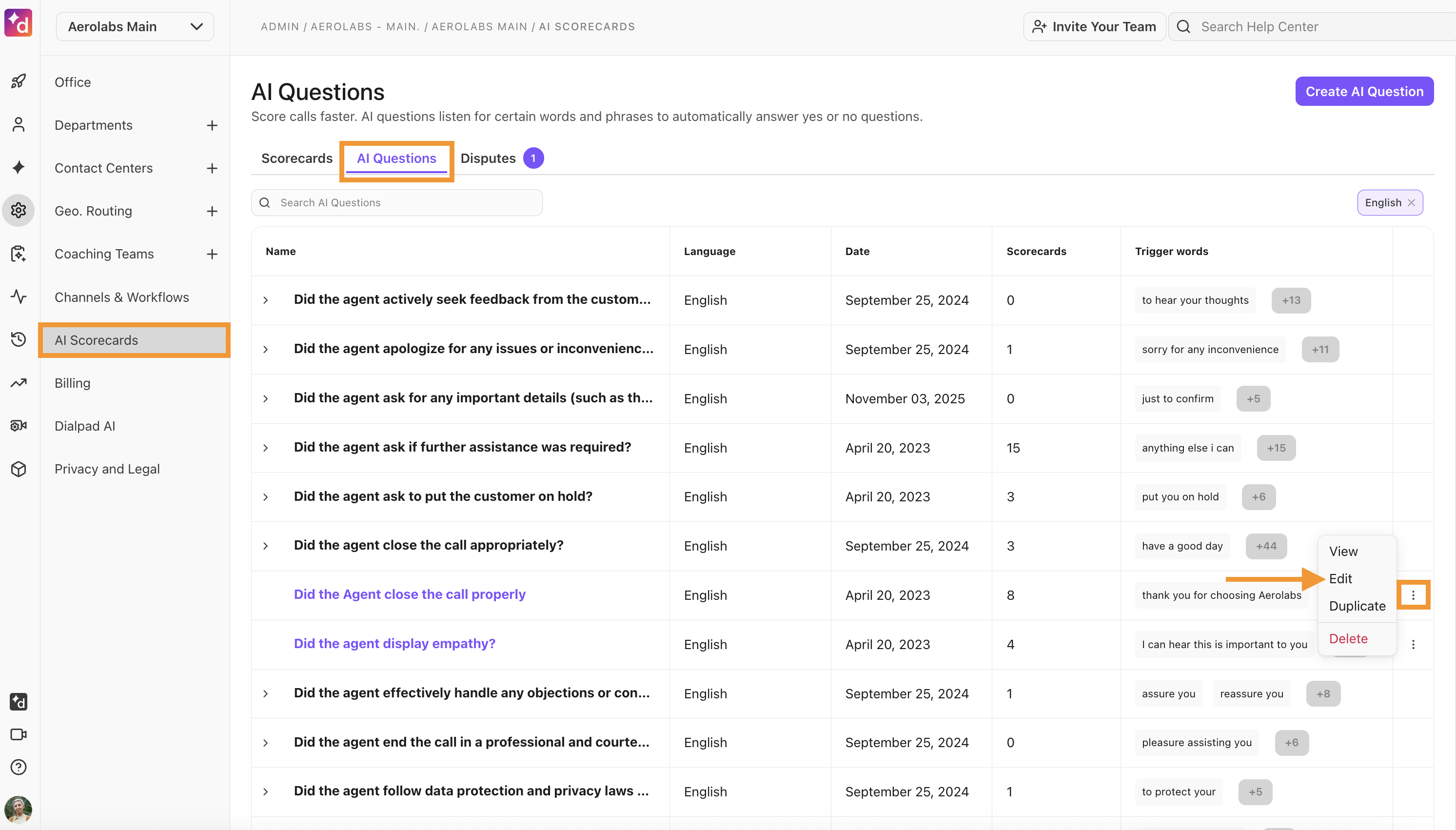 View of the AI Scorecards page. The option to edit a scorecard is highlighted.