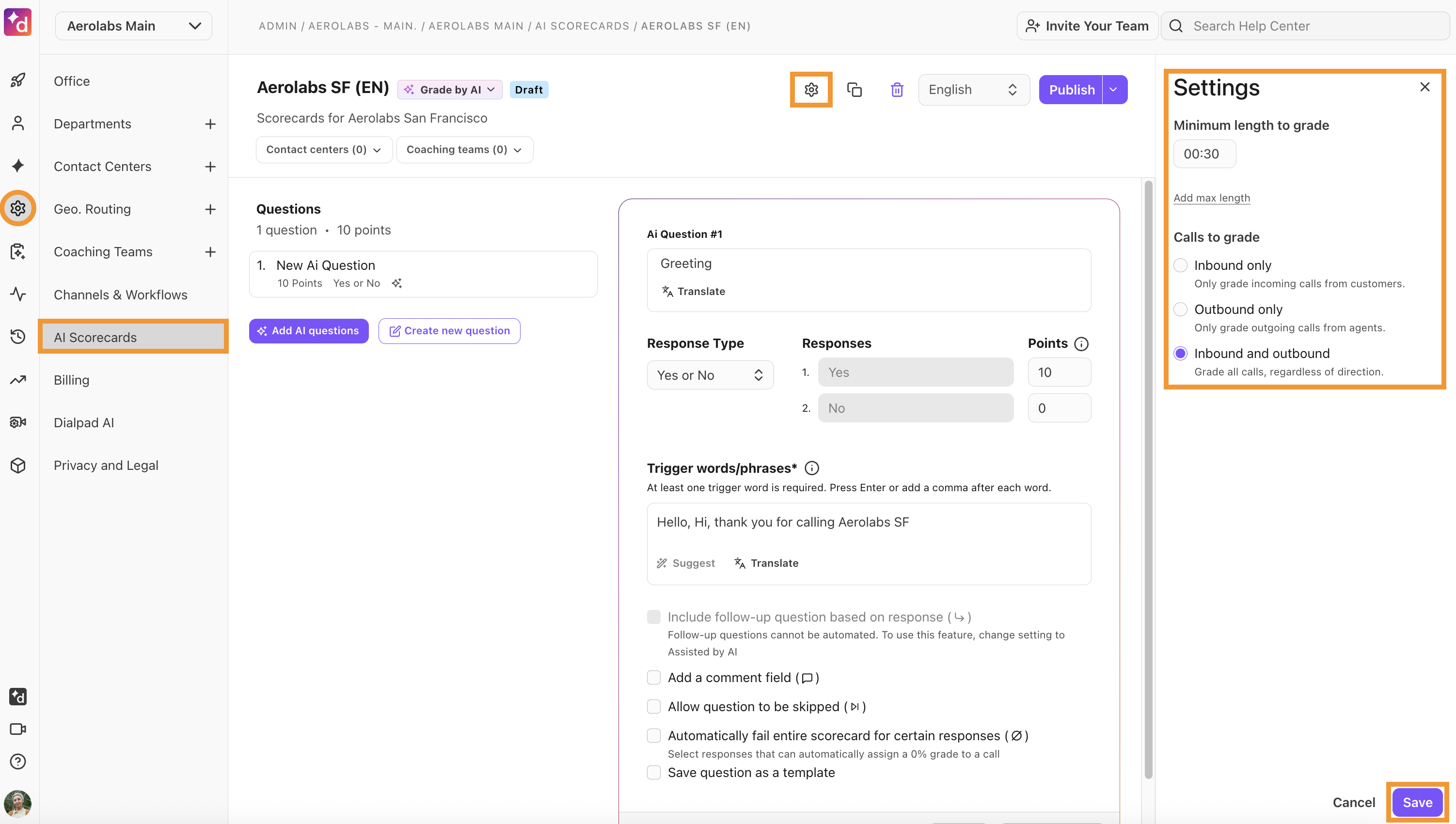 View of the AI Scorecards page. The option to edit a scorecard is highlighted.
