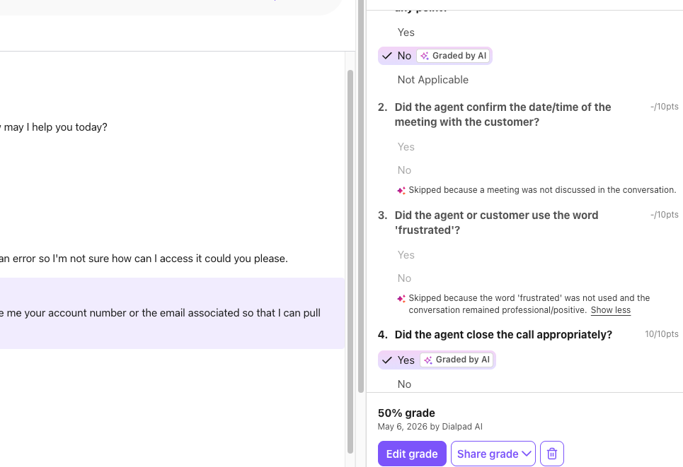 A customer service interaction with questions and grading feedback displayed on the screen.