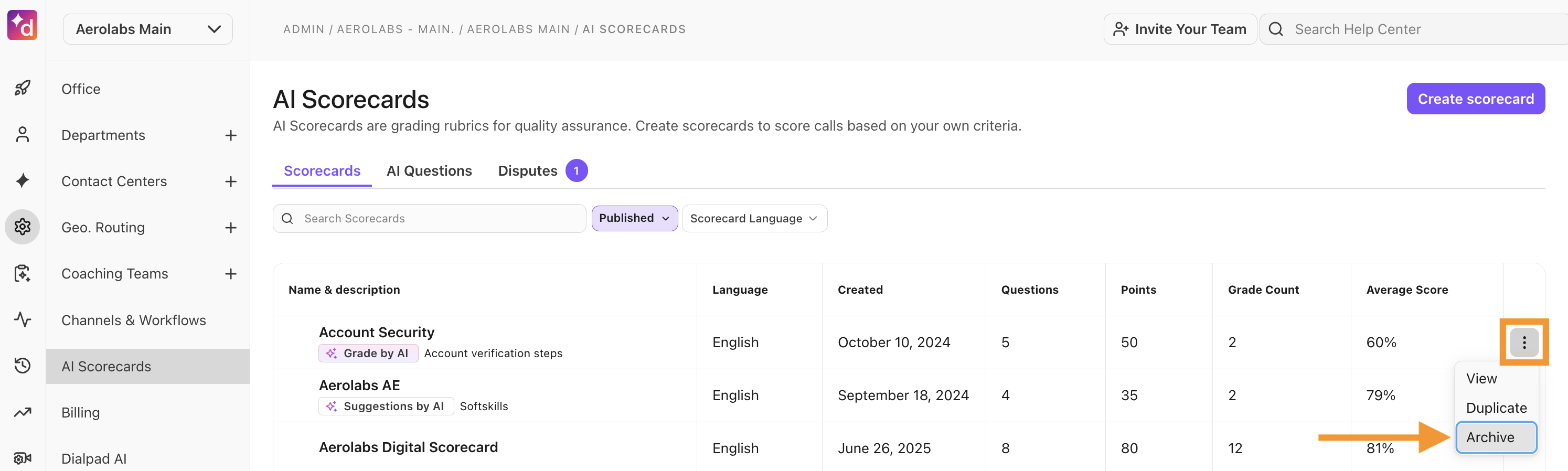 View of the AI Scorecards page. The option to archive a scorecard is highlighted.