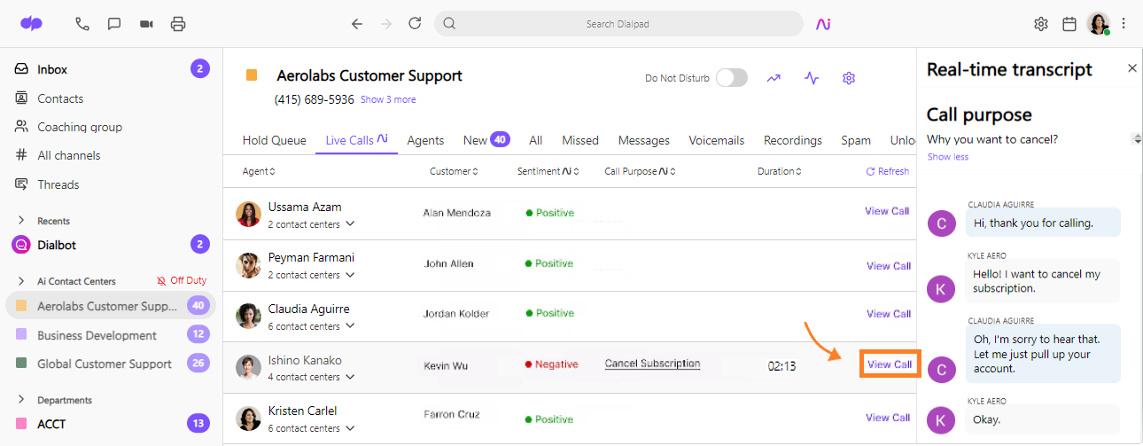 Dialpad app contact center with view call tab highlighted.