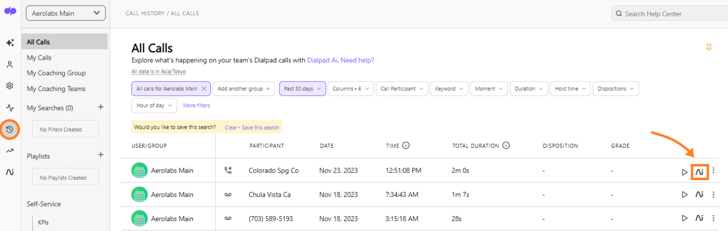 Call history with AI icon highlighted.