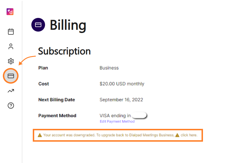 Showing a downgraded account and an option to easily upgrade back to Dialpad Meetings
