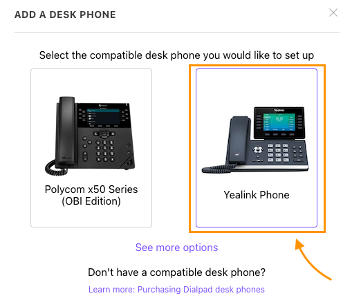 Screen to choose the phone type