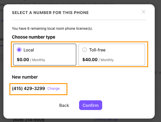 screen to choose the number type