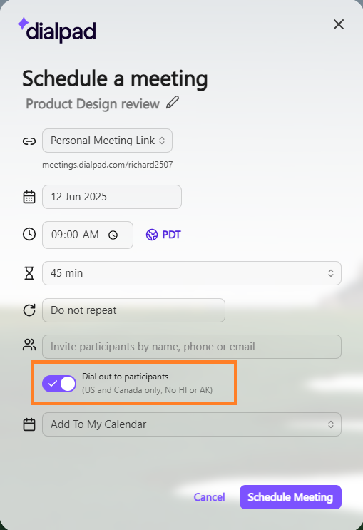 a toggle for auto-dial to Participants
