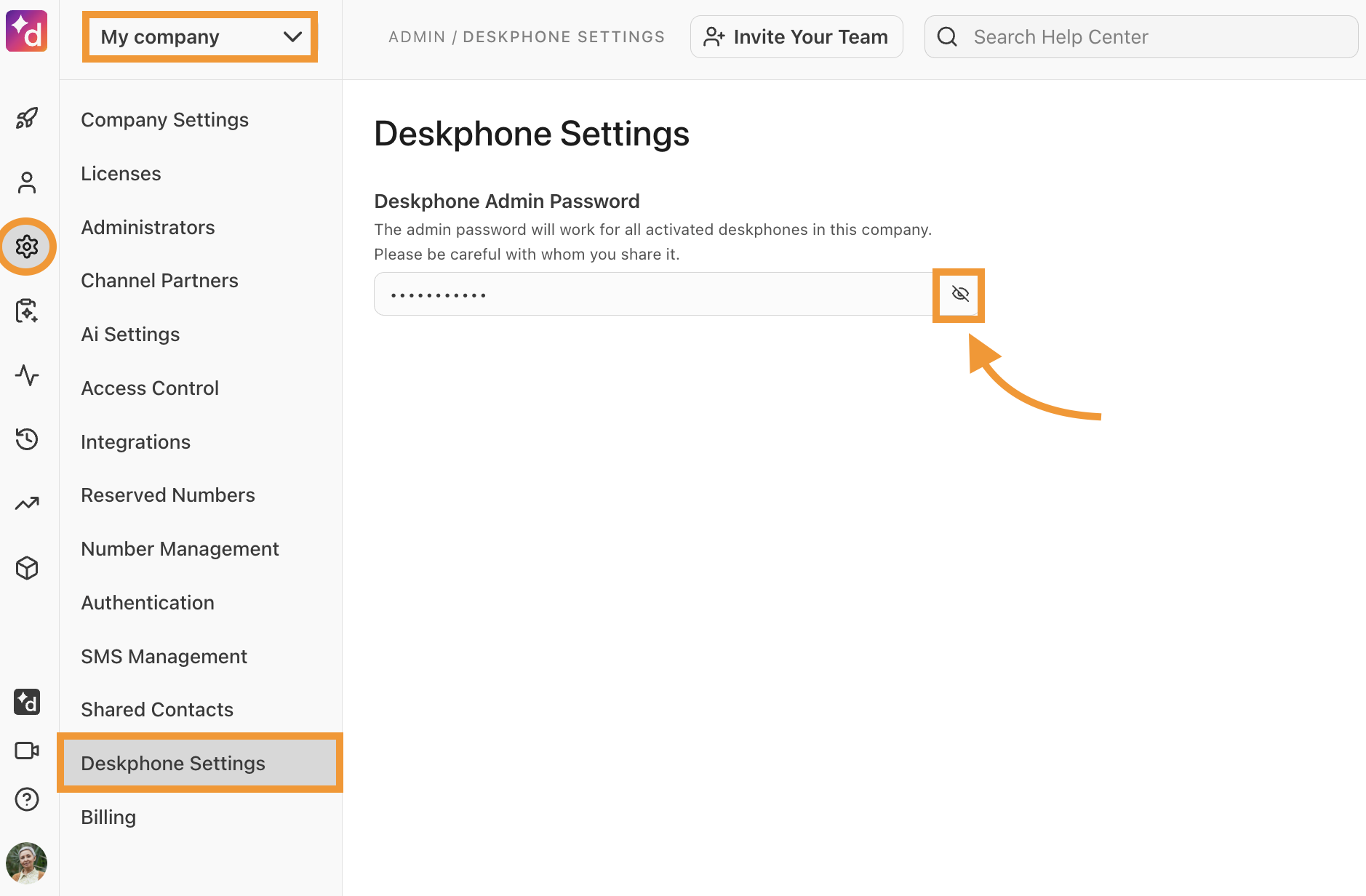 The My Company admin settings page for the deskphone admin password.