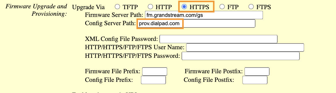 Grandstream provisioning screen