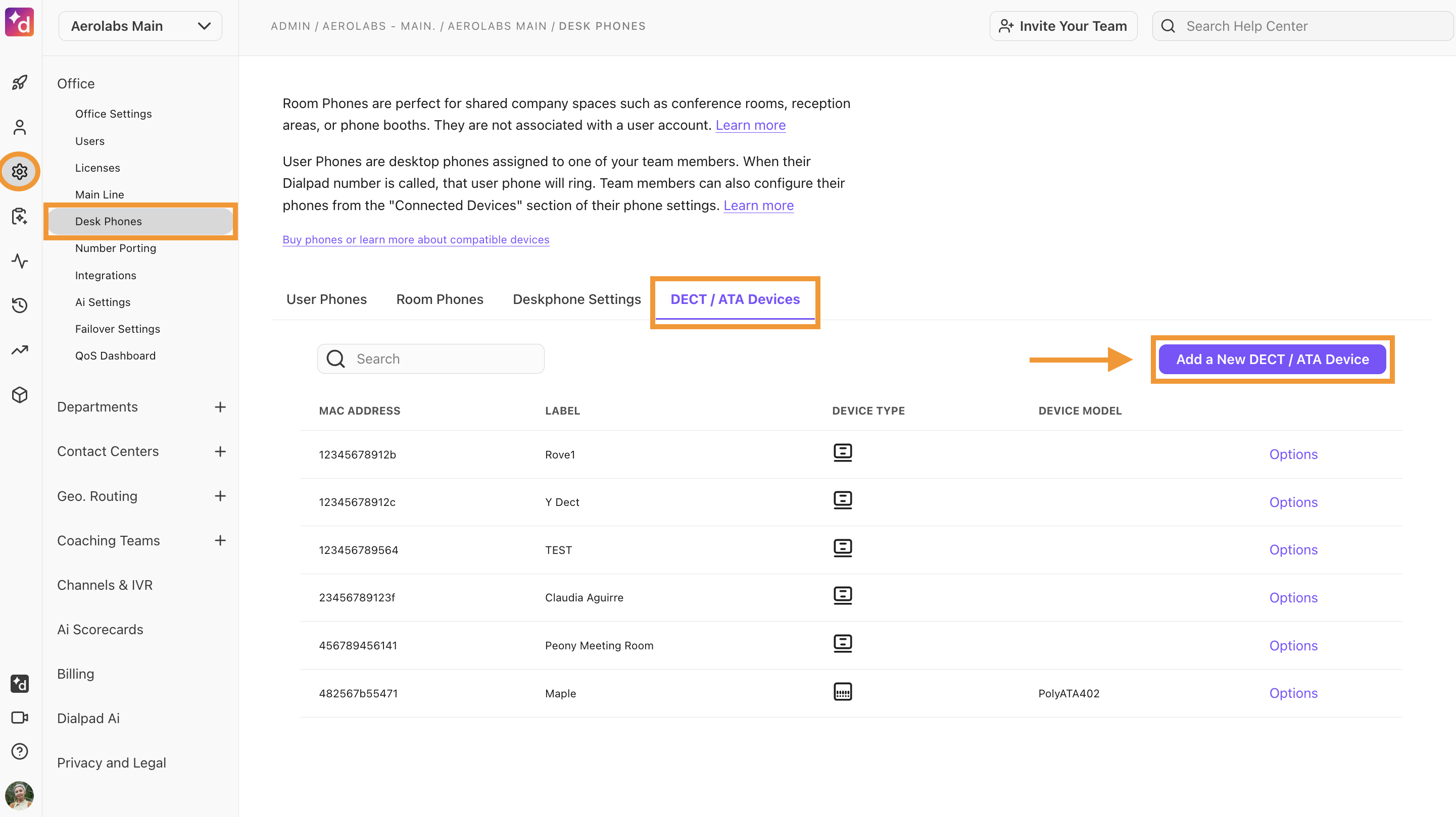Office admin settings page for desk phones, highlighting the option to Add a New DECT / ATA Device.