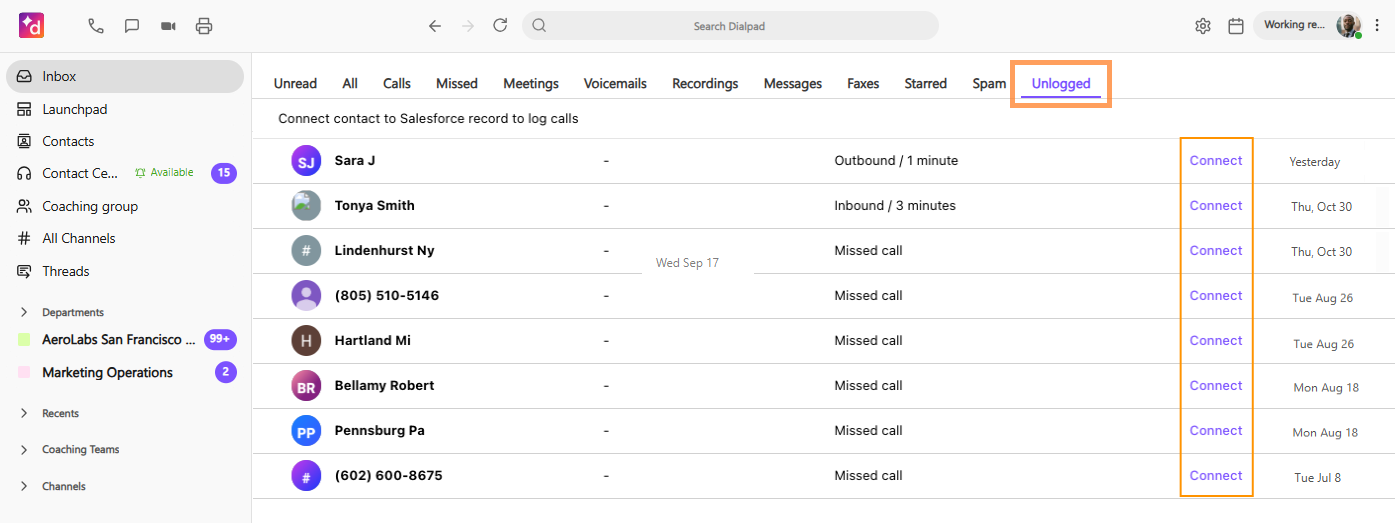 Screenshot of the Dialpad inbox featuring orange boxes highlighting the 'Unlogged' tab and a column of purple 'Connect' links next to unlogged call items.