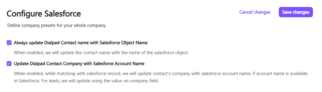 Screenshot of the Dialpad 'Configure Salesforce' settings page featuring two checked options: 'Always update Dialpad Contact name with Salesforce Object Name' and 'Update Dialpad Contact Company with Salesforce Account Name'.