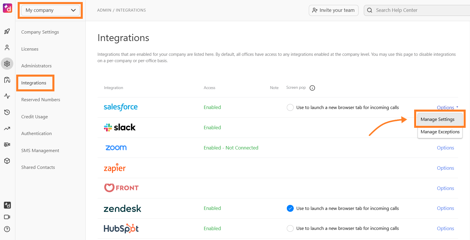 Screenshot of the Dialpad Admin Portal 'Integrations' page featuring orange boxes and an arrow highlighting the 'My company' dropdown menu, the left sidebar 'Integrations' tab, and the 'Manage Settings' option selected under the Salesforce integration's 'Options' dropdown.