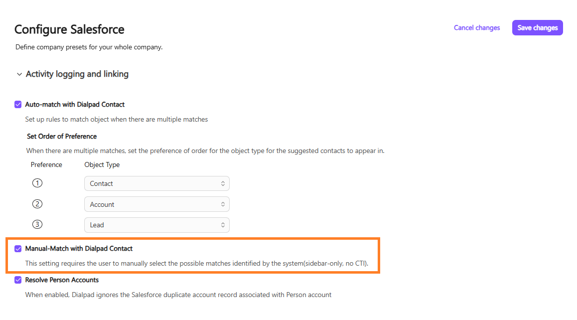 Screenshot of the Dialpad 'Configure Salesforce' settings page featuring an orange box highlighting the checked 'Manual-Match with Dialpad Contact' checkbox under the expanded 'Activity logging and linking' section.