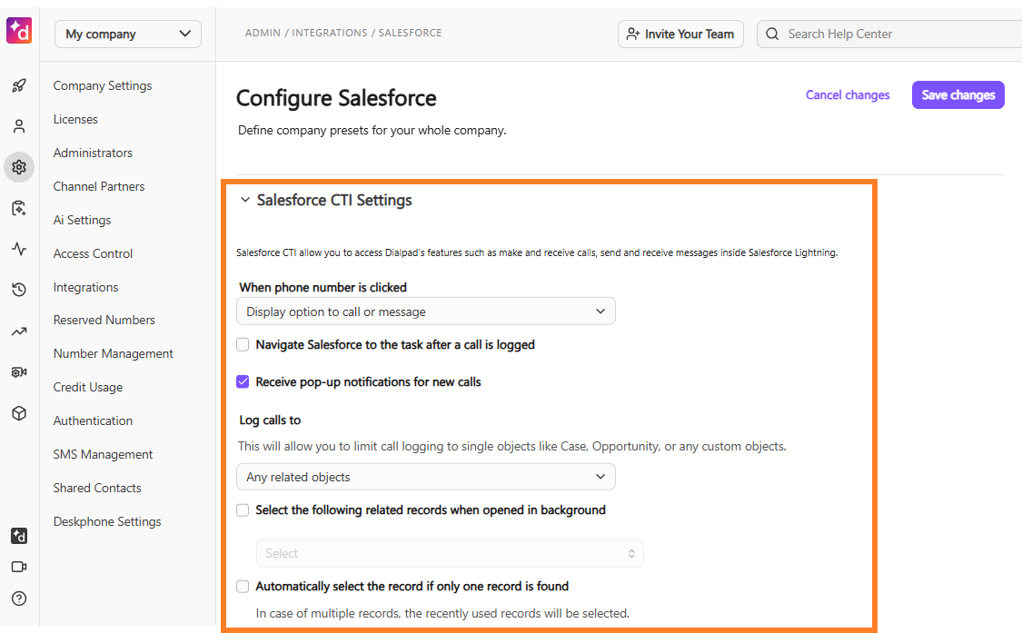 Screenshot of the Dialpad 'Configure Salesforce' page, displaying the expanded 'Salesforce CTI Settings' section highlighted in an orange box, which includes options for call and message behaviors, notification preferences, and call logging settings.