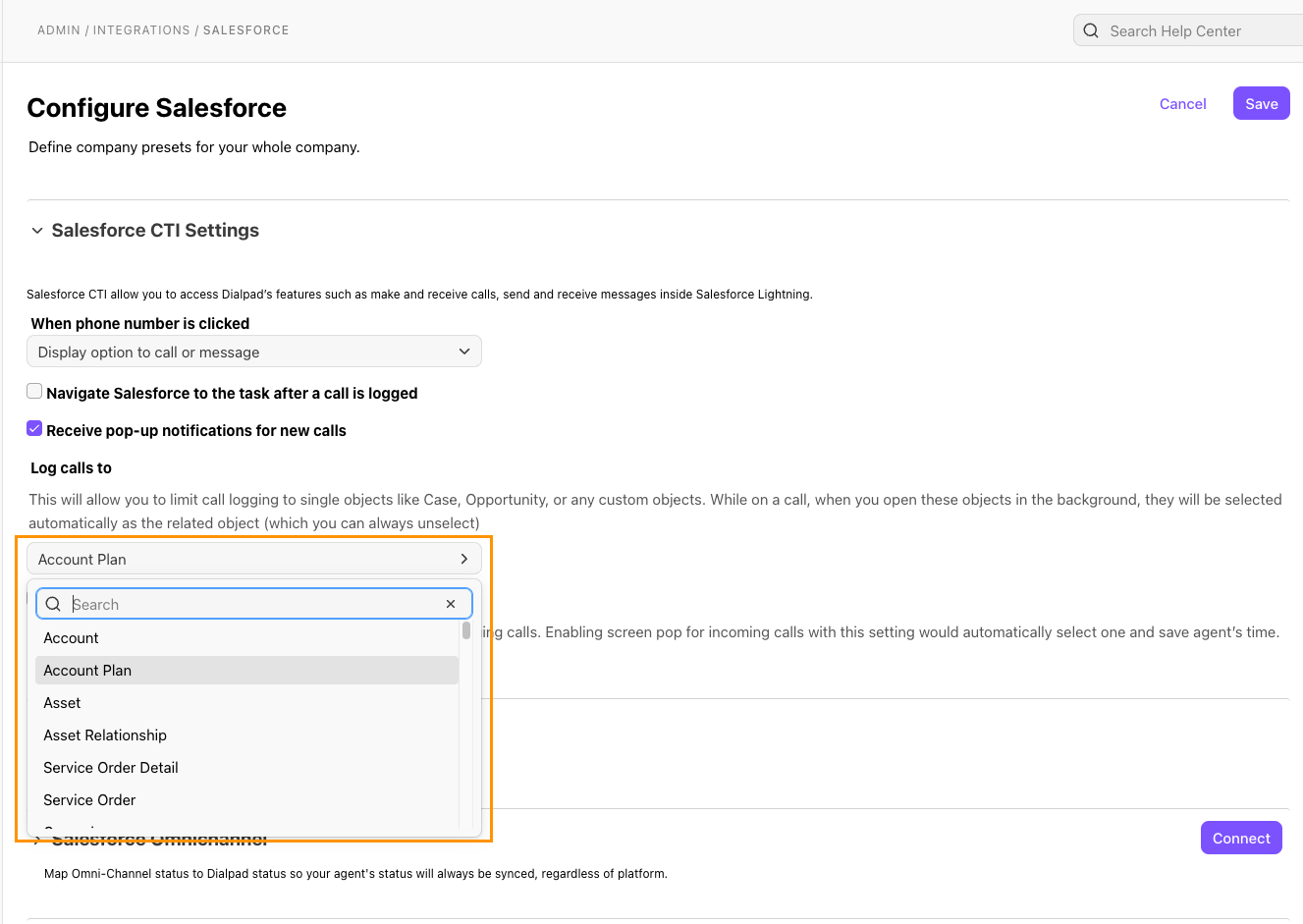 Screenshot of the Dialpad 'Configure Salesforce' CTI settings, featuring an orange box highlighting the open 'Log calls to' dropdown menu with 'Account Plan' selected and a search input listing available Salesforce objects.
