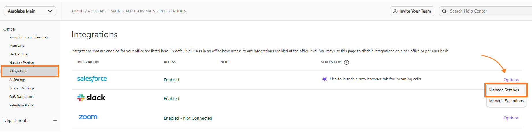 Screenshot of the Dialpad Admin Settings page highlighting the 'Integrations' tab in the left sidebar and an arrow pointing to 'Manage Settings' selected under the Salesforce integration's 'Options' menu.