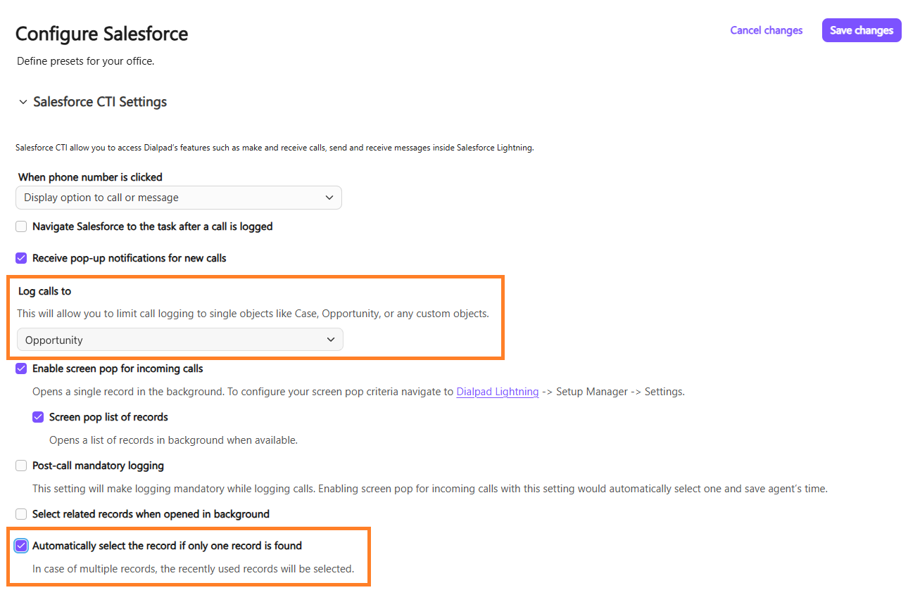 Screenshot of the Dialpad 'Configure Salesforce' CTI settings page featuring two orange boxes highlighting the 'Log calls to' section set to 'Opportunity' and the checked 'Automatically select the record if only one record is found' option.