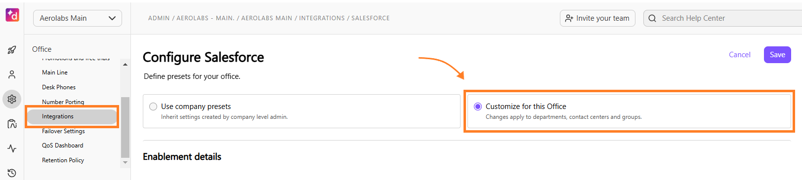 Screenshot of the Dialpad 'Configure Salesforce' office configuration page, featuring an orange box on the left sidebar highlighting 'Integrations' and an orange arrow pointing to a highlighted radio option selected for 'Customize for this Office' instead of 'Use company presets'.