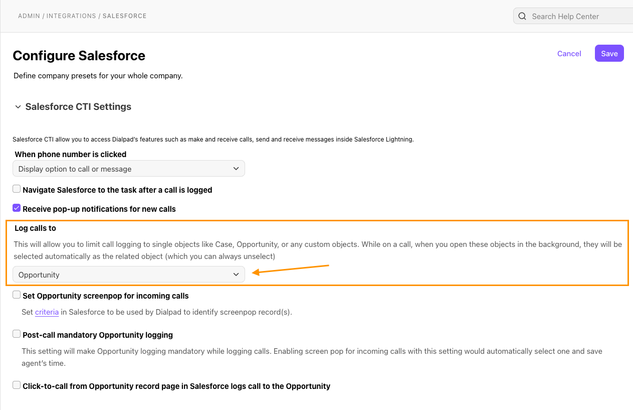 Screenshot of the Dialpad 'Configure Salesforce' CTI settings, featuring an orange box and arrow highlighting 'Opportunity' selected in the 'Log calls to' dropdown menu.