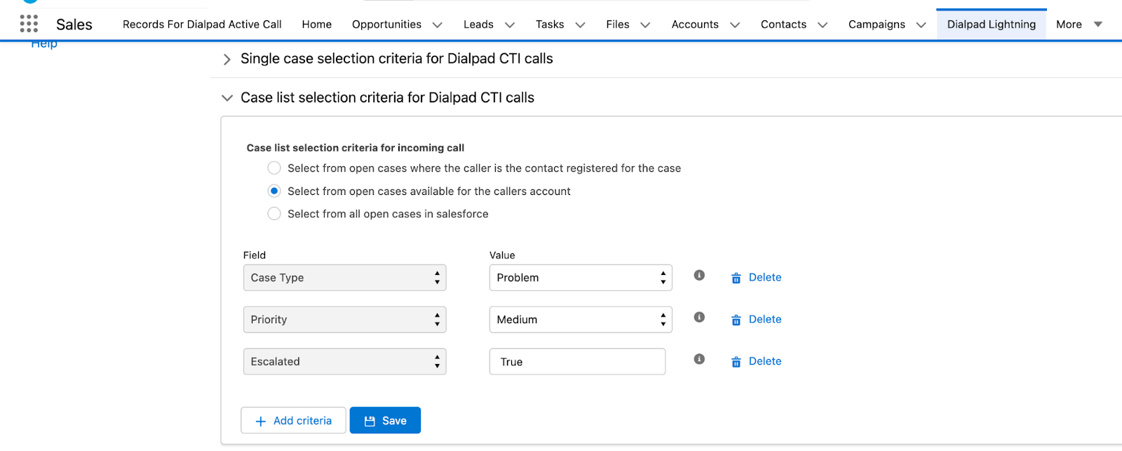 Screenshot of the Dialpad CTI setup panel in Salesforce showing section header options for 'Single case selection criteria for Dialpad CTI calls' and expanded 'Case list selection criteria for Dialpad CTI calls'.