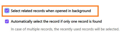 Screenshot of the Dialpad Salesforce CTI settings featuring an orange box highlighting the checked 'Select related records when opened in background' checkbox above the 'Automatically select the record if only one record is found' option.