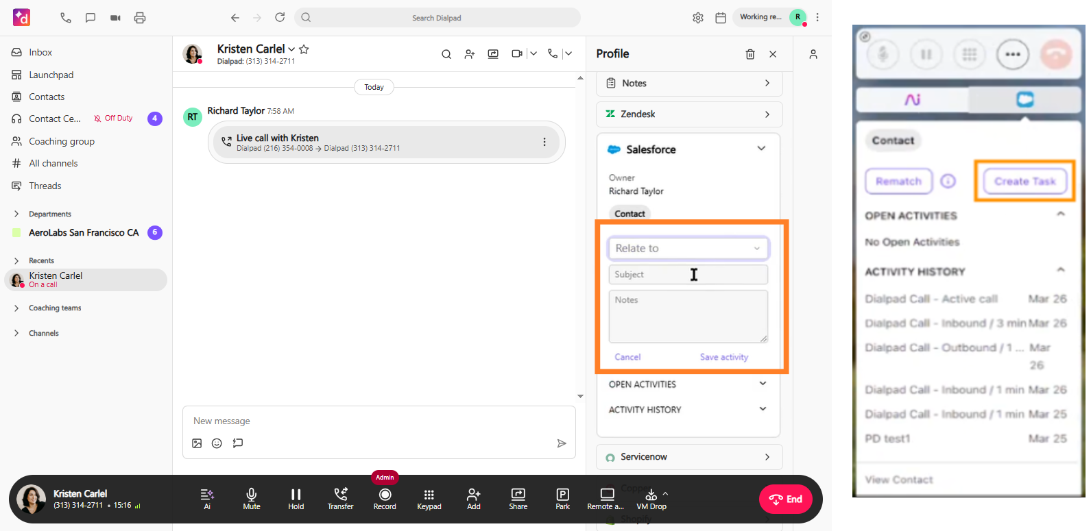 Screenshot of the Dialpad desktop interface alongside the Dialpad Everywhere CTI widget, with orange boxes highlighting activity logging fields ('Relate to', 'Subject', and 'Notes') in the sidebar profile and the 'Create Task' button in the widget view.