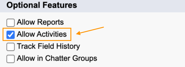 Screenshot of the 'Optional Features' configuration section in Salesforce featuring an orange box and arrow pointing to the checked 'Allow Activities' checkbox.