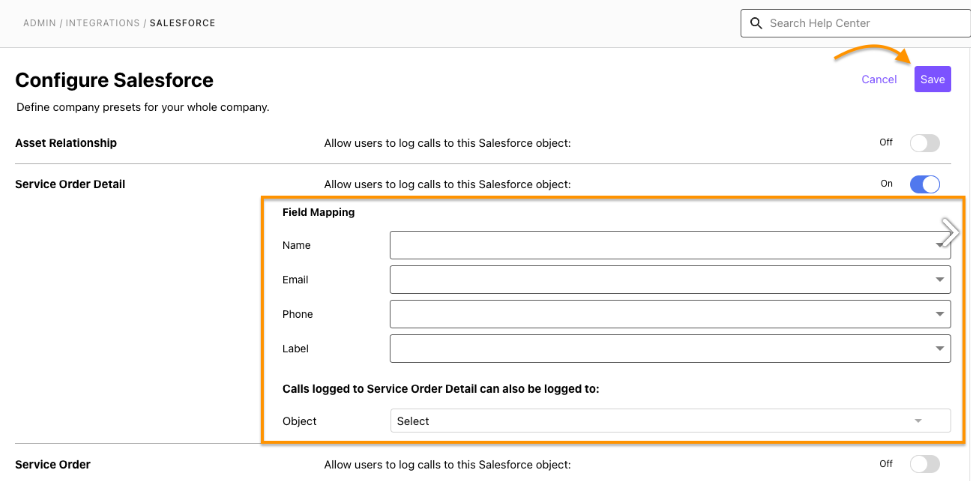 Screenshot of the Dialpad 'Configure Salesforce' custom object panel featuring toggle switches for enabling objects, an orange box highlighting the 'Field Mapping' section for 'Service Order Detail' with dropdown menus for Name, Email, Phone, and Label, and an orange arrow pointing to the top-right 'Save' button.
