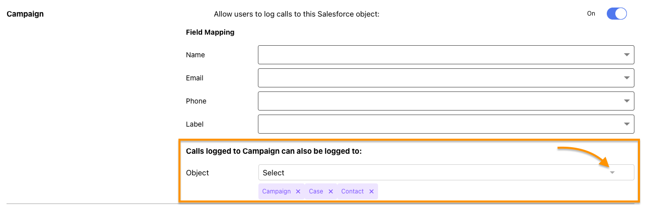 Alt Text Option  Screenshot of the Dialpad Salesforce integration 'Field Mapping' section for 'Campaign', featuring an orange box highlighting additional logging options with tags for Campaign, Case, and Contact, and an orange arrow pointing to the 'Object' dropdown menu.