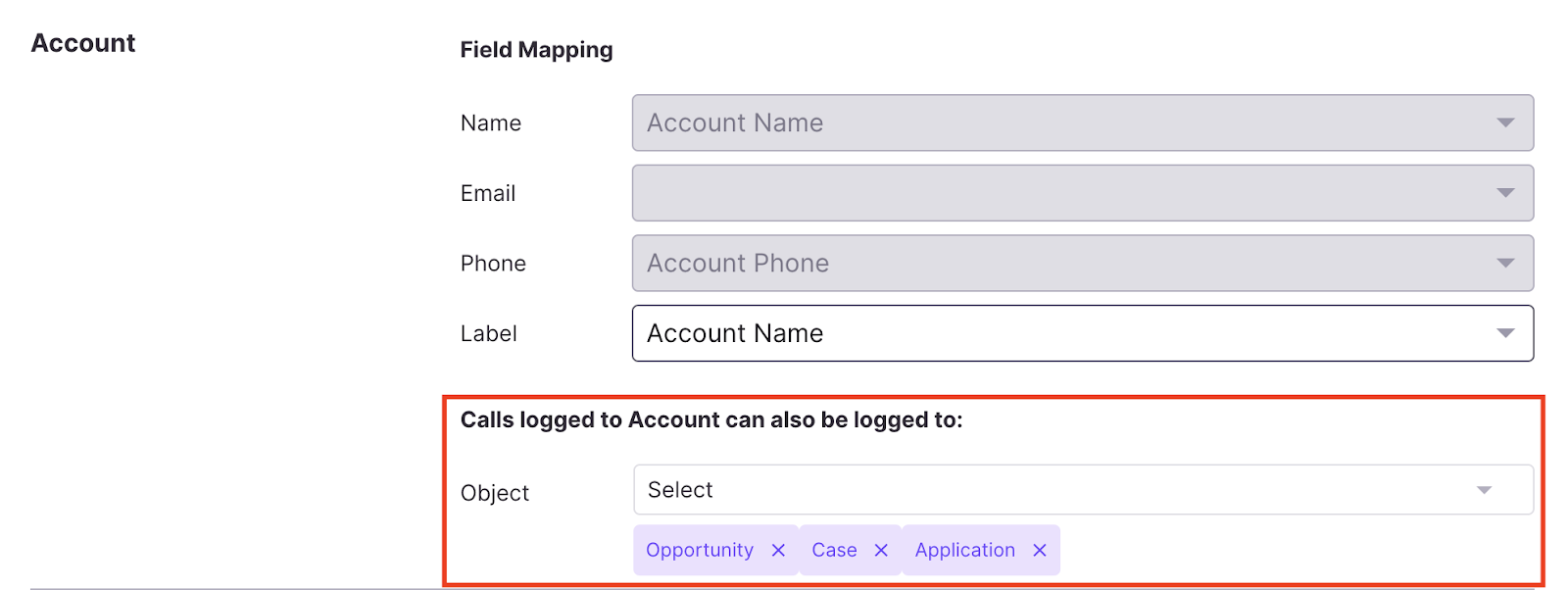 Screenshot of the Dialpad Salesforce integration 'Field Mapping' section for 'Account', with an orange box highlighting additional object logging options showing tags for Opportunity, Case, and Application below the 'Object' selection dropdown menu.