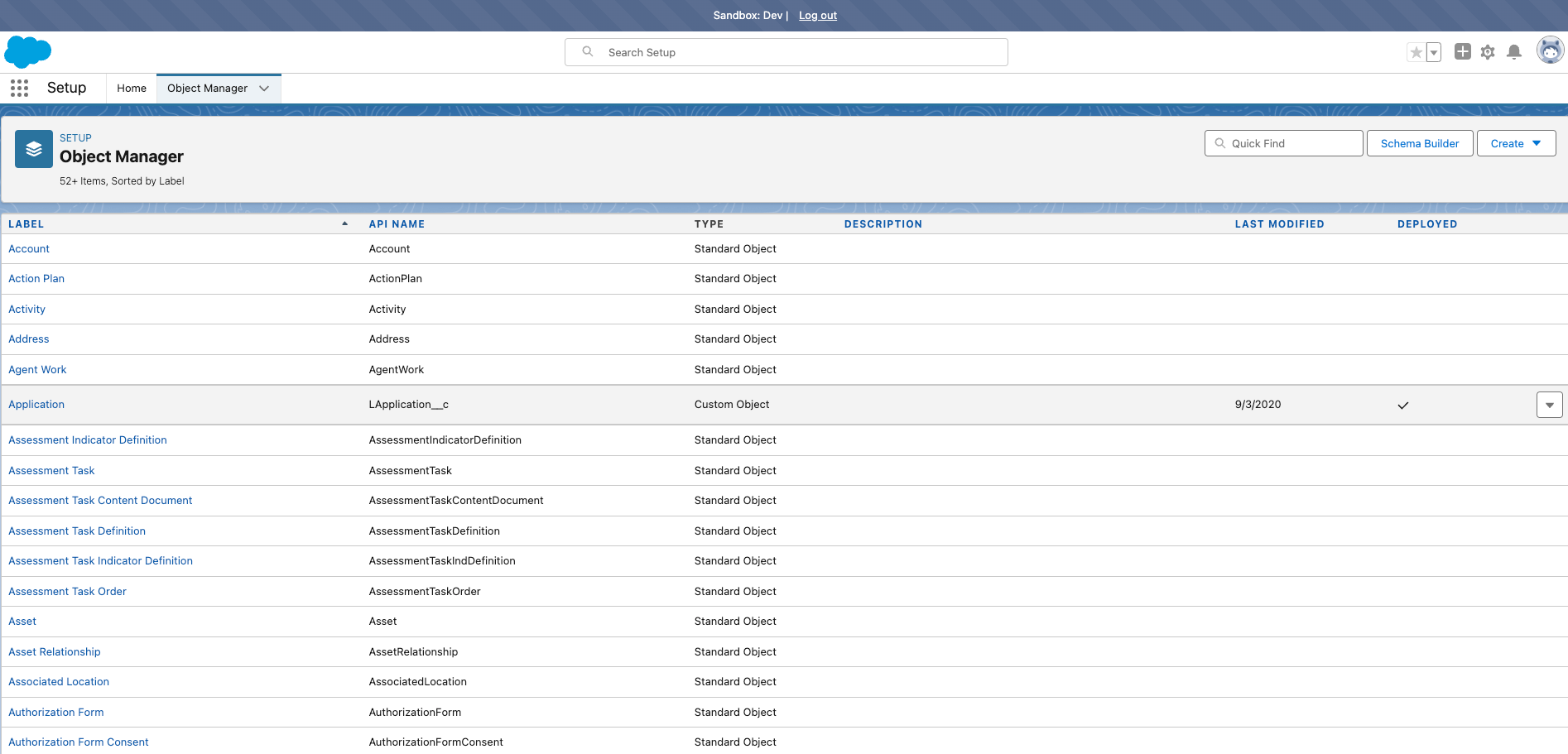Screenshot of the Salesforce Setup 'Object Manager' page listing standard and custom objects with their API Names, Types, and Deployment status.