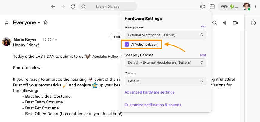 Dialpad App Hardware Settings with AI Voice Isolation selected.
