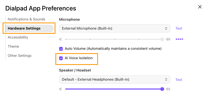 Dialpad App Preferences> Hardware settings with AI Voice Isolation selected.