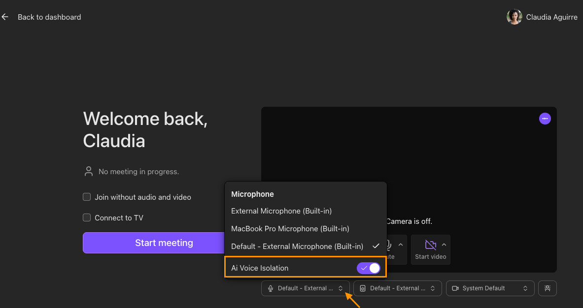 Dialpad Meetings welcome page with AI Voice Isolation selected.