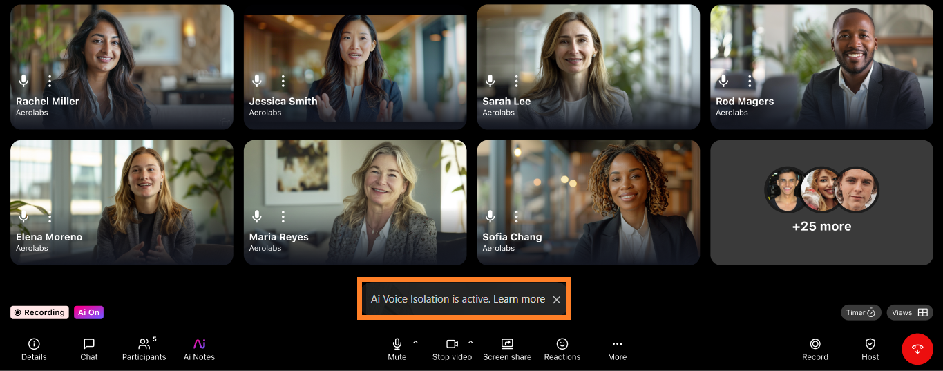 Dialpad Meetings with AI Voice Isolation highlighted.