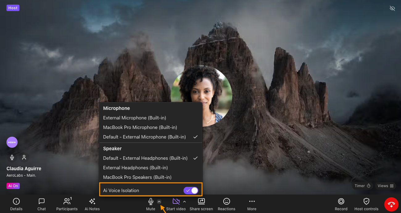 AI Voice Isolation toggle on from active Dialpad Meeting