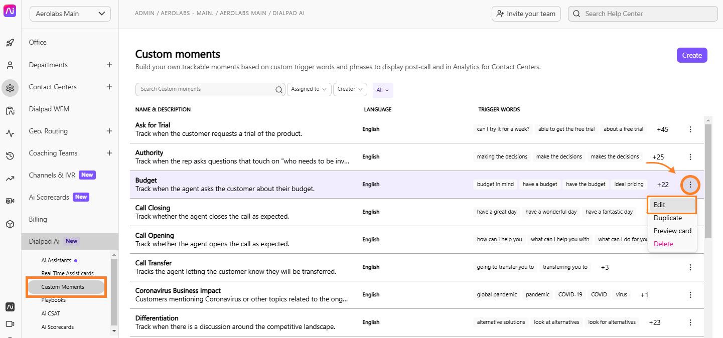 Custom Moment configuration panel showing options for card name, language selection, speaker trigger settings (rep, customer, or anyone), and keyword phrase input.