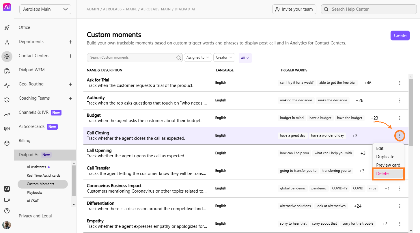 Custom Moment configuration panel showing options for card name, language selection, speaker trigger settings (rep, customer, or anyone), and keyword phrase input.