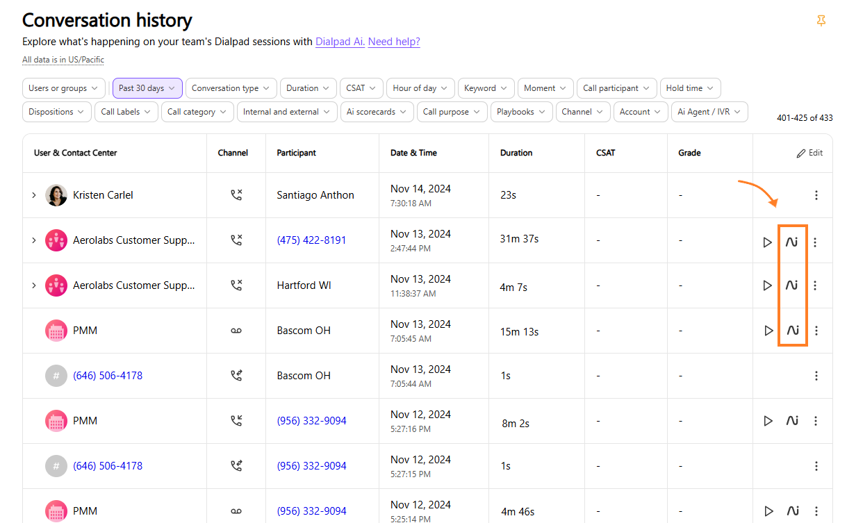 Conversation history with the AI icon highlighted.