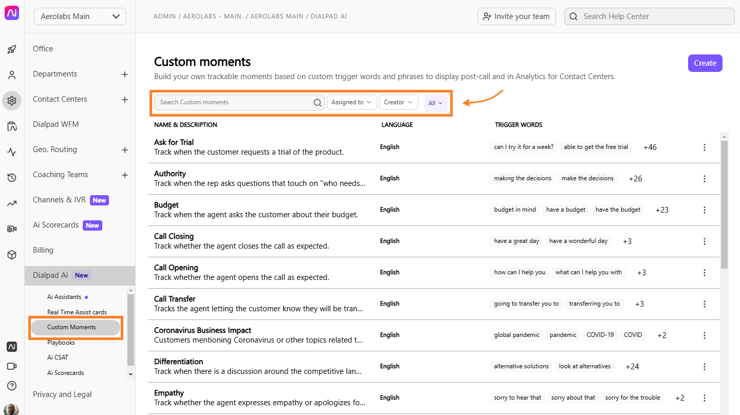 Dialpad Admin Settings menu under Dialpad Ai highlighting the Custom Moments tab, displaying the Custom Moments library with options to search, filter by creator or assignee, and create new cards.