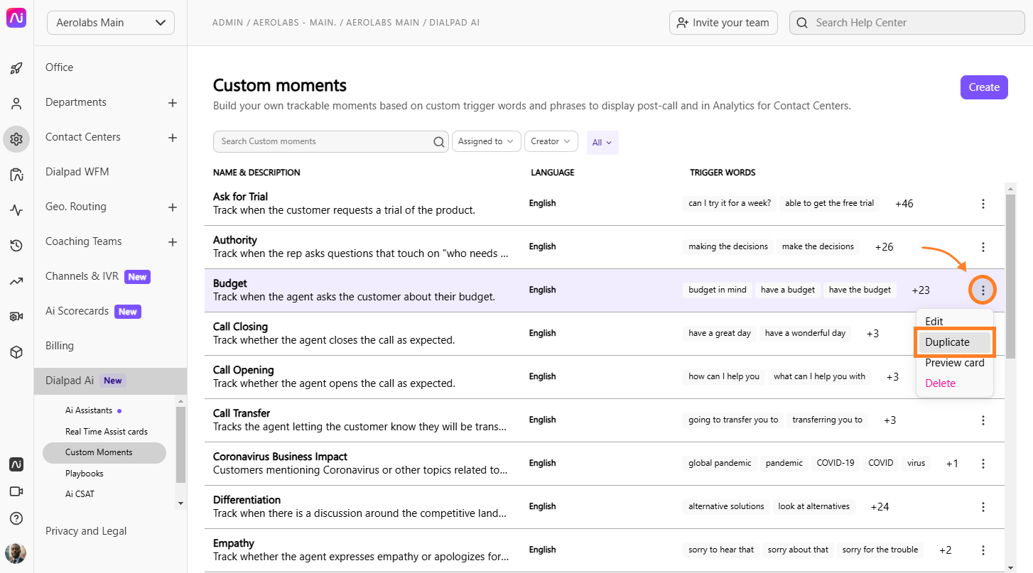 Custom Moment configuration panel showing options for card name, language selection, speaker trigger settings (rep, customer, or anyone), and keyword phrase input.