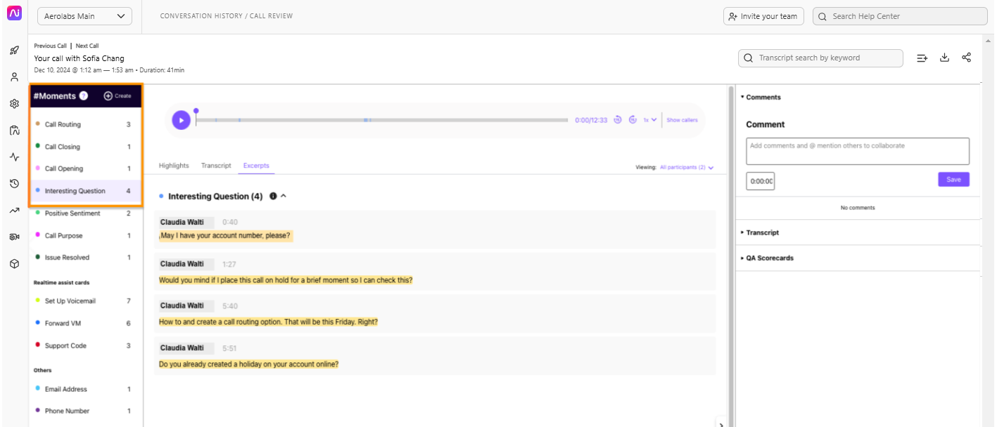 Conversation History Call Summary screen displaying a left-hand panel with triggered Custom Moments and their corresponding positions in the transcript.
