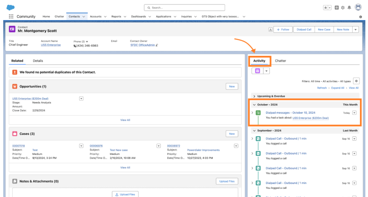 Screenshot of a Salesforce Contact record page featuring orange boxes and an arrow highlighting the 'Activity' tab and a logged 'Dialpad messages' task in the activity timeline.
