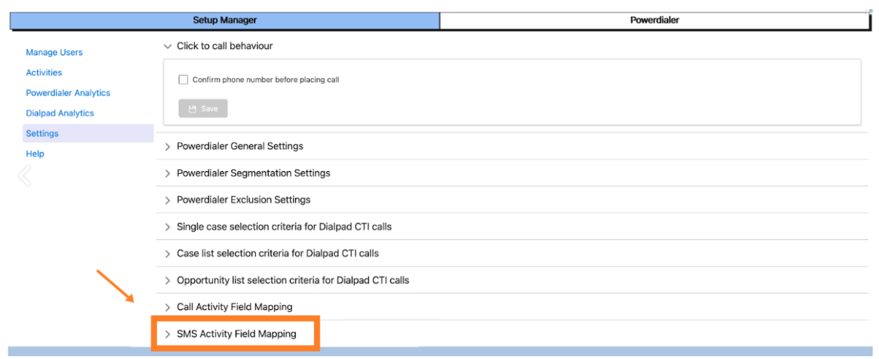 Screenshot of the Dialpad Setup Manager page in Salesforce featuring an orange box and arrow highlighting the 'SMS Activity Field Mapping' section header within the 'Settings' menu list.