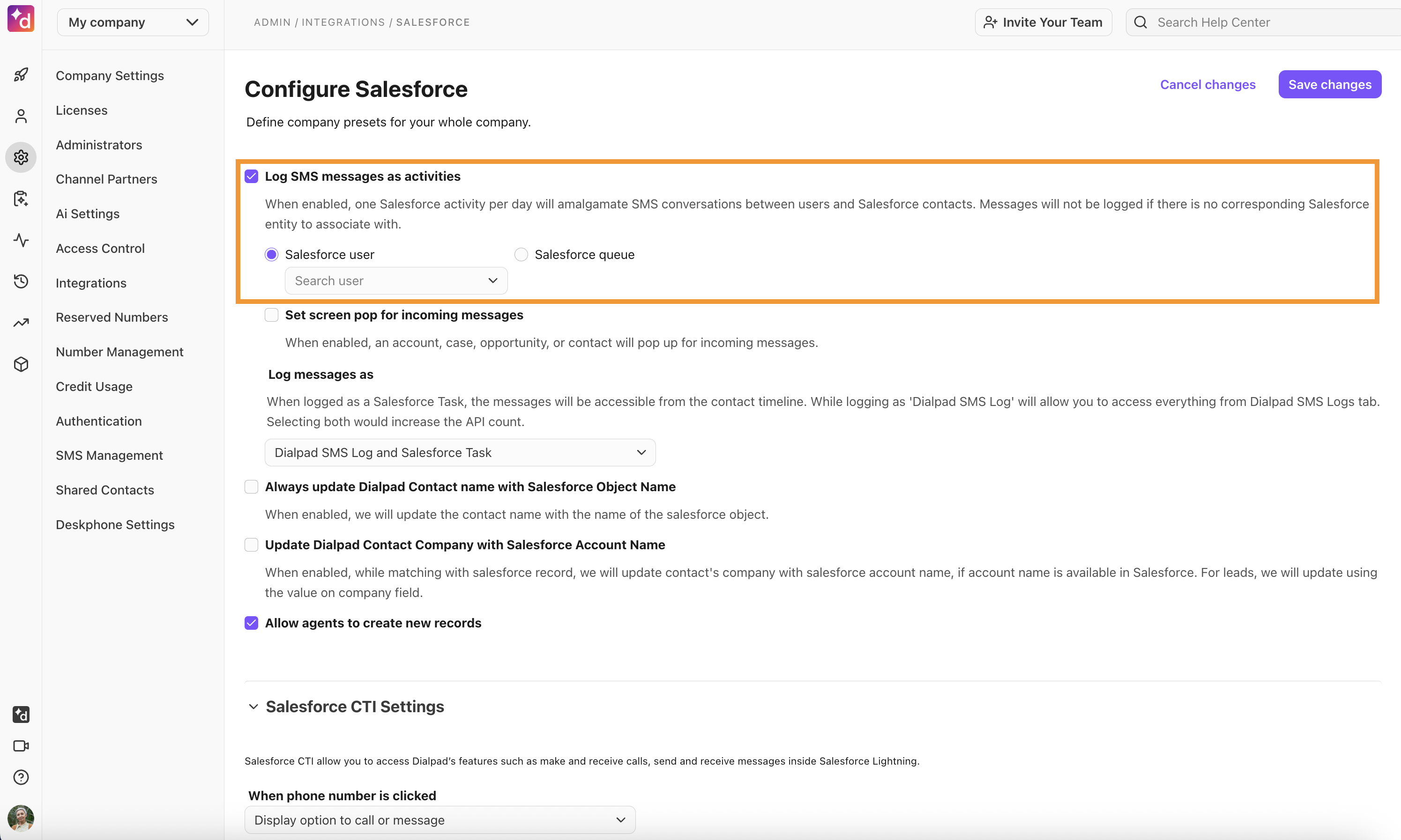 Salesforce integration settings page at a company level, showing the option to enable SMS logging between Salesforce and Dialpad.
