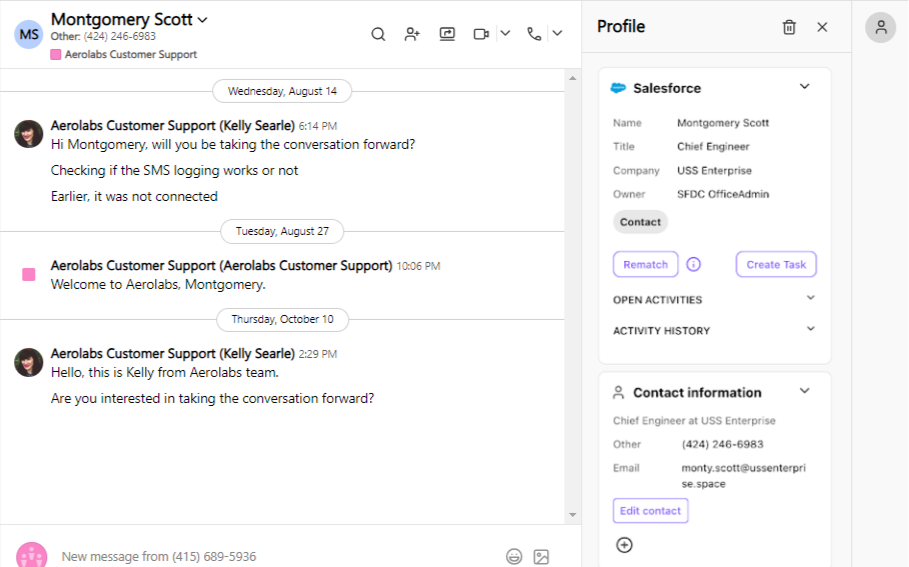 Screenshot of a Dialpad messaging interface with a contact named Montgomery Scott on a shared line, showing message logs sent by different support agents alongside the Salesforce side panel displaying contact details.
